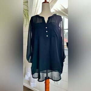 EXPRESS BLACK V-NECK SHEER BLOUSE. SIZE: LARGE